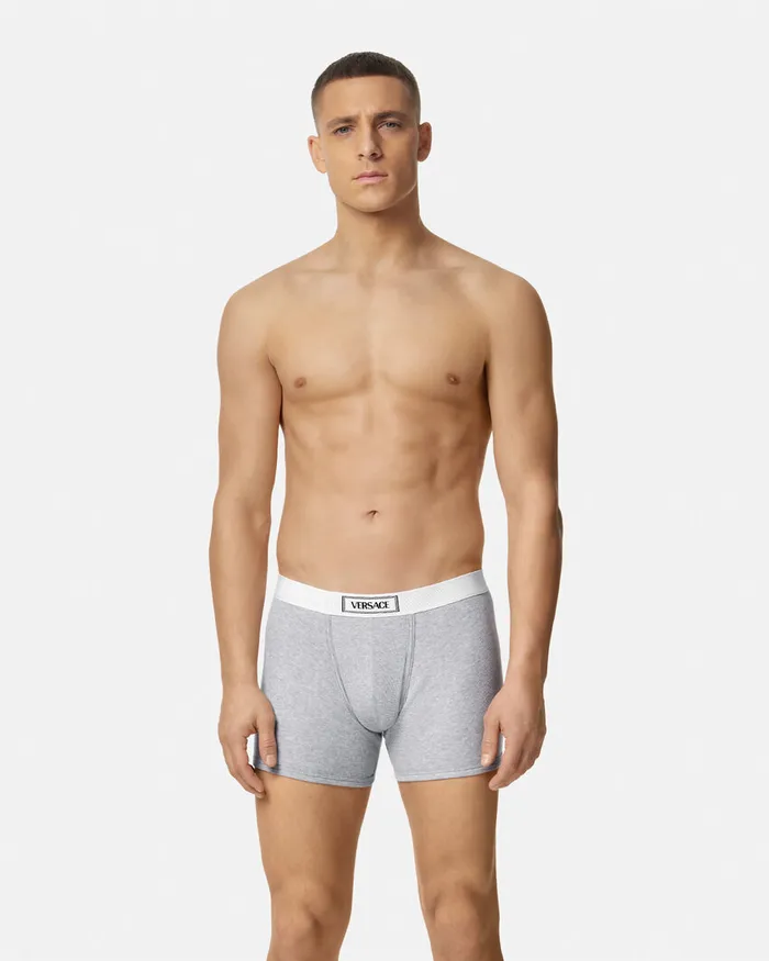 Versace Boxers Men 90s Vintage Logo Ribbed Long Trunks Gray
