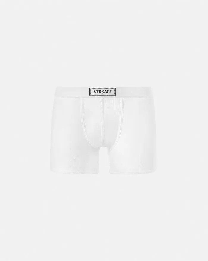 Versace Boxers Men 90s Vintage Logo Ribbed Long Trunks White