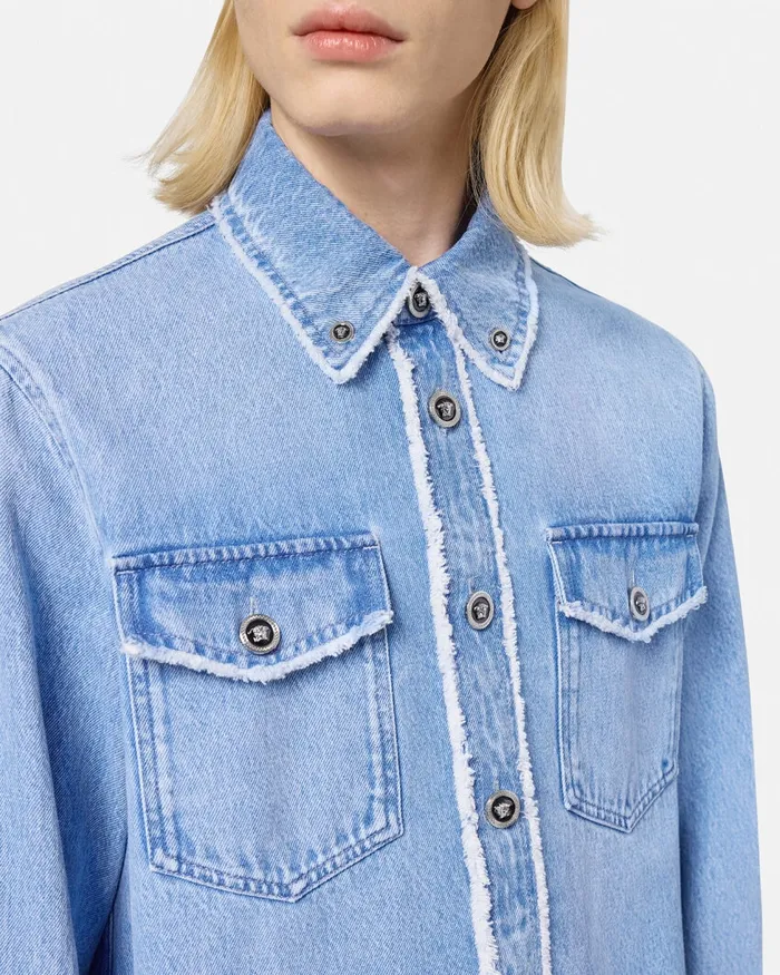 Versace Denim Men Frayed Denim Overshirt Blue