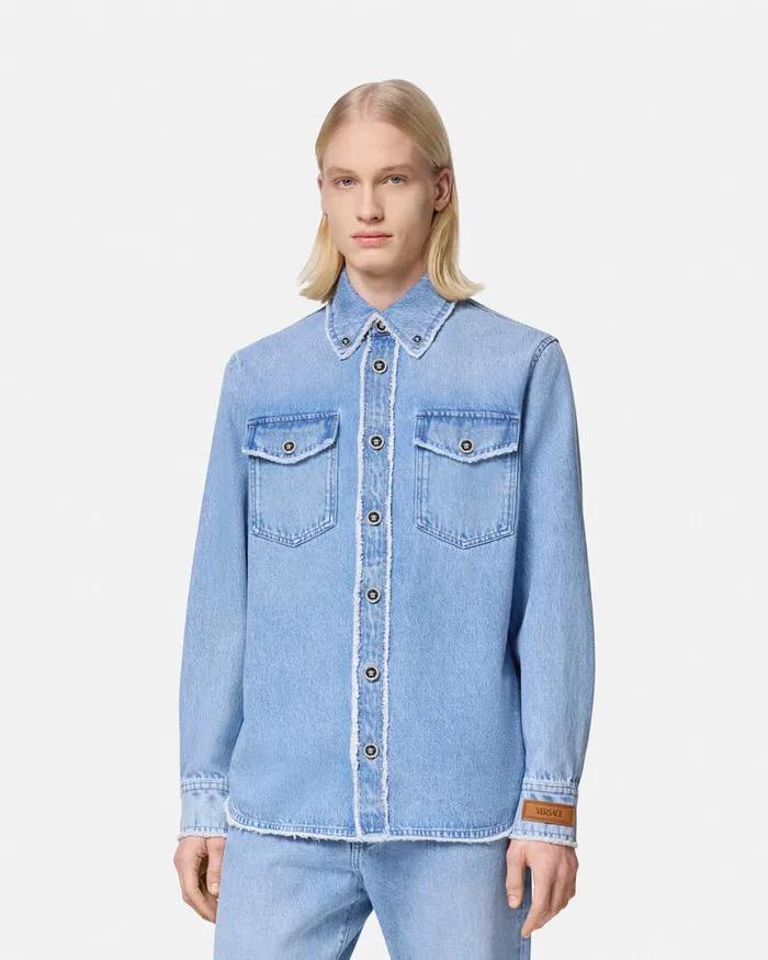 Versace Denim Men Frayed Denim Overshirt Blue