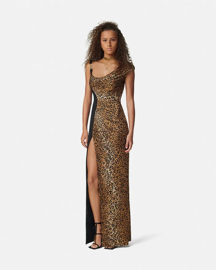 Versace Dresses Women Leopard Medusa 03995 Draped Gown Animalier