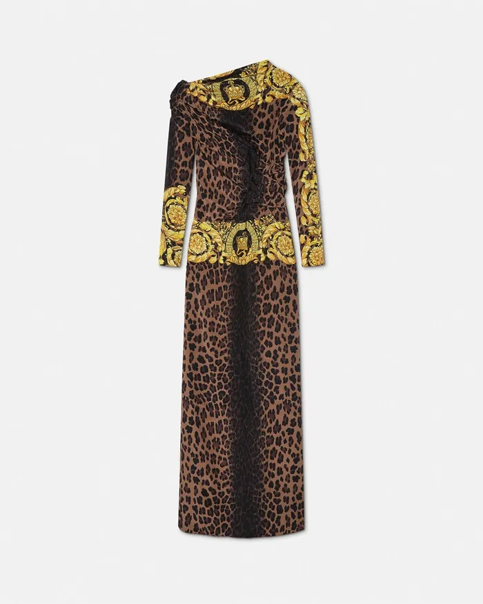 Versace Dresses Women Wild Barocco Slit Smocked Gown Animalier