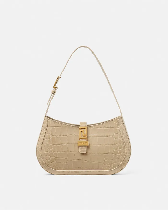 Versace Greca Goddess Women CrocEffect Greca Goddess Hobo Bag Beige