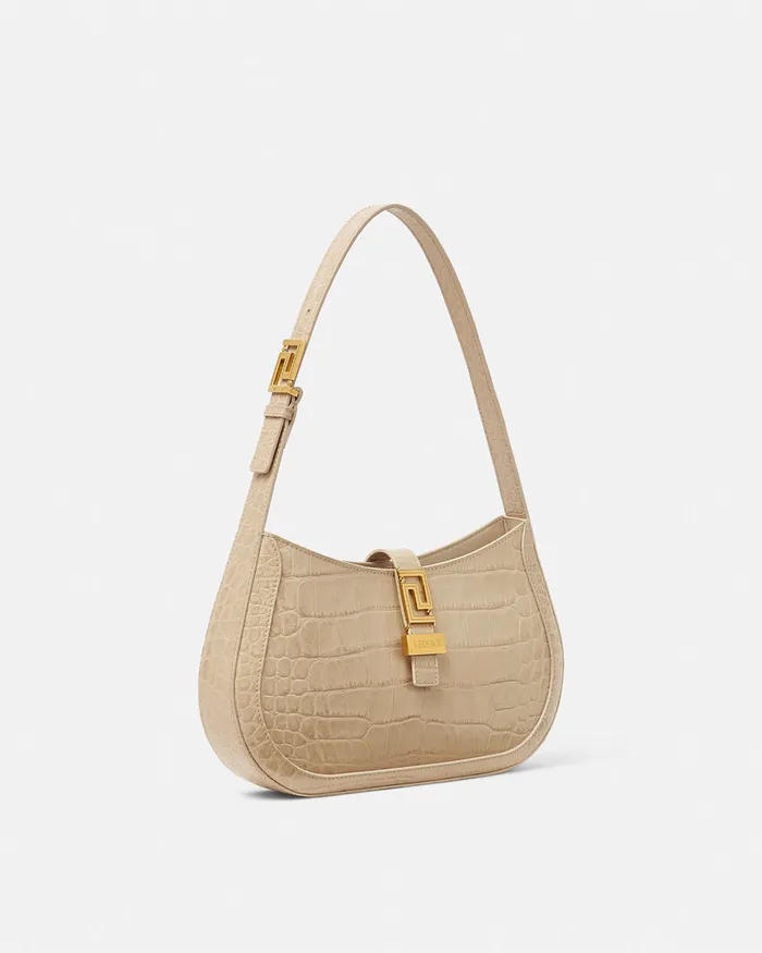 Versace Greca Goddess Women CrocEffect Greca Goddess Hobo Bag Beige