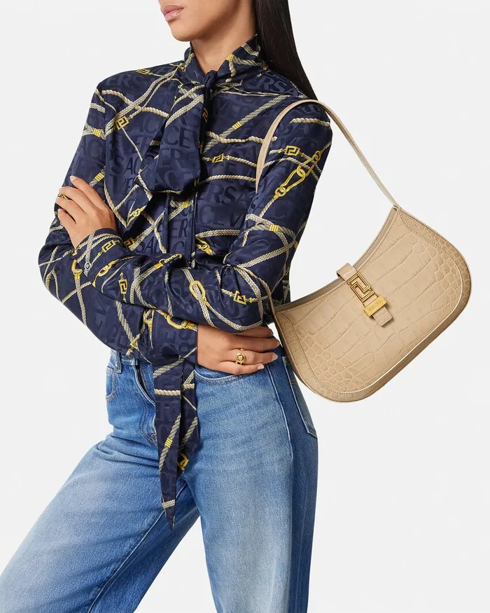 Versace Greca Goddess Women CrocEffect Greca Goddess Hobo Bag Beige