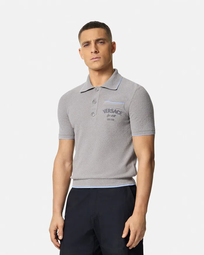 Versace Knitwear Men Logo Towel Polo Shirt Gray