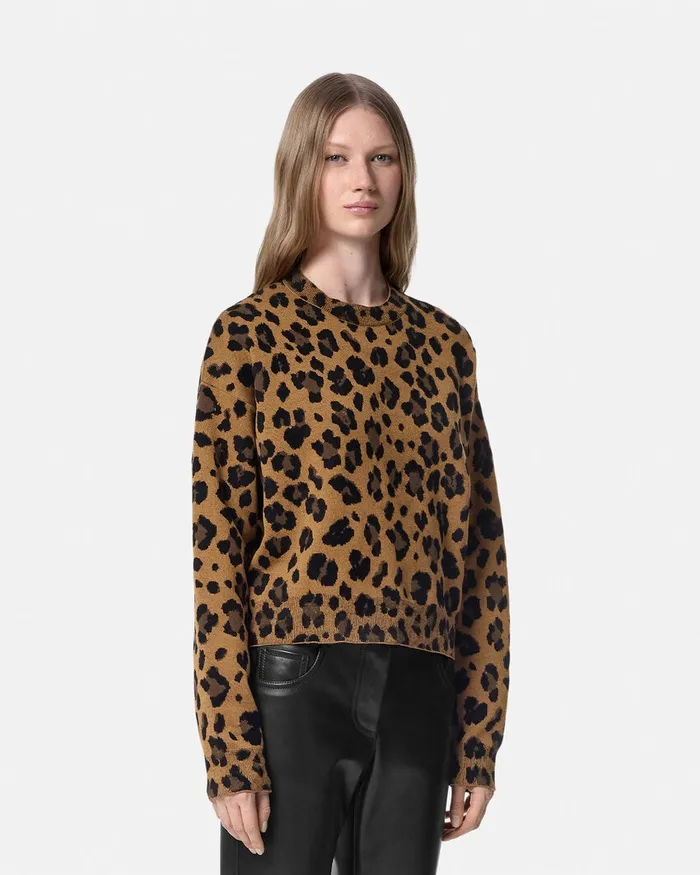 Versace Knitwear Women Leopard Jacquard Knit Oversized Sweater Animalier