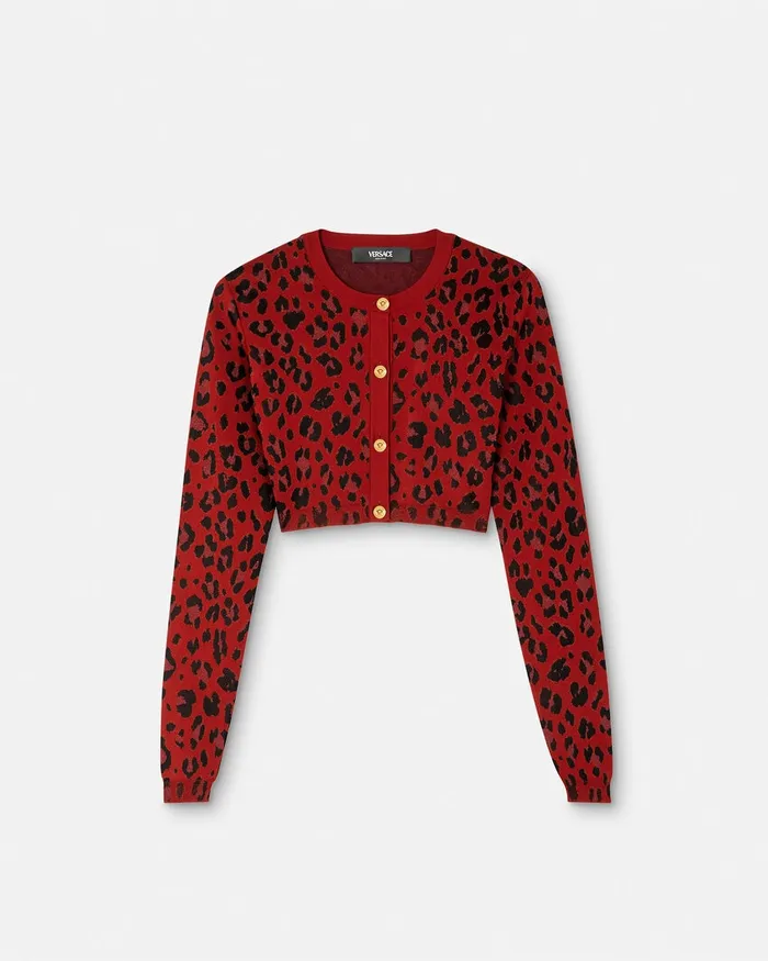 Versace Knitwear Women Leopard Lurex Crop Knit Cardigan Red
