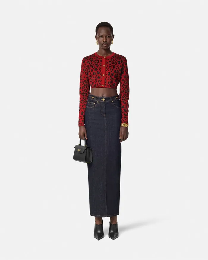 Versace Knitwear Women Leopard Lurex Crop Knit Cardigan Red