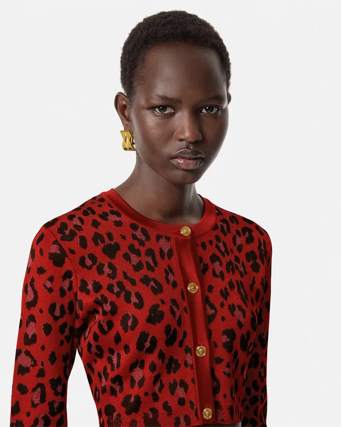 Versace Knitwear Women Leopard Lurex Crop Knit Cardigan Red