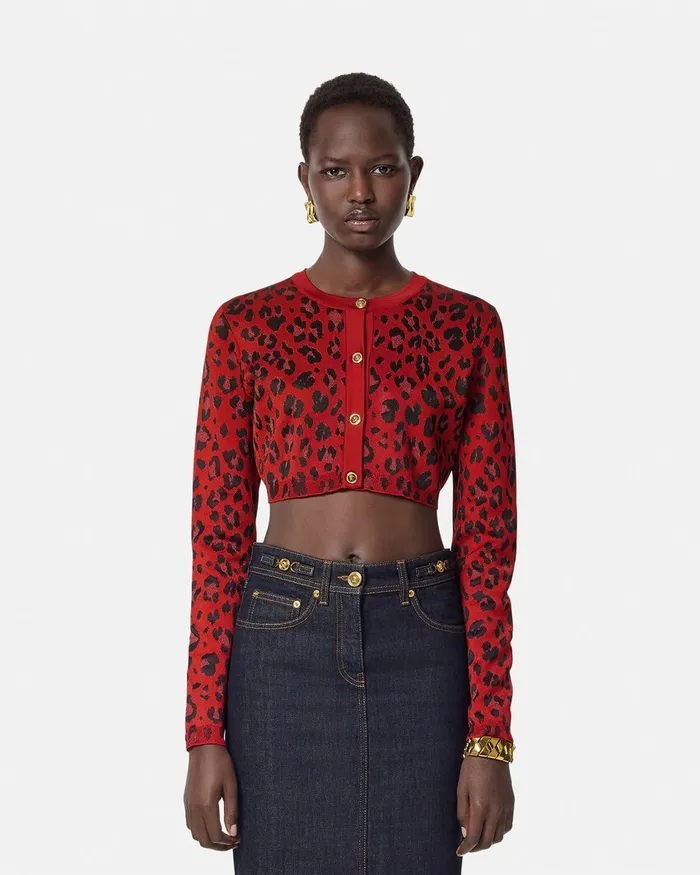 Versace Knitwear Women Leopard Lurex Crop Knit Cardigan Red