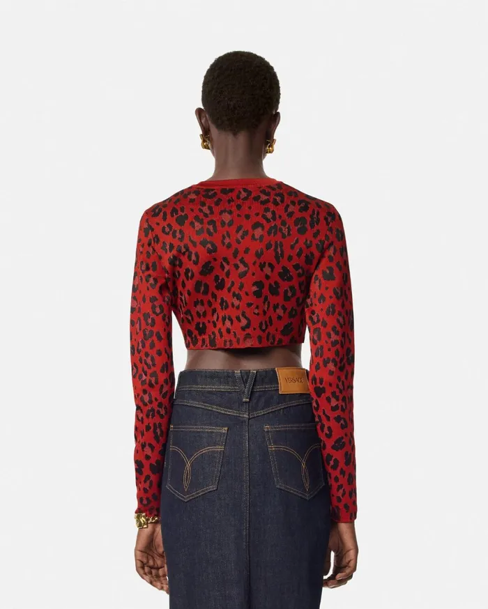 Versace Knitwear Women Leopard Lurex Crop Knit Cardigan Red
