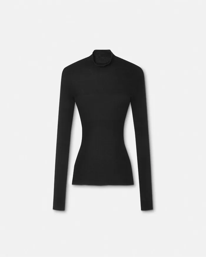 Versace Knitwear Women Merino Wool Fitted Ribbed Knit Top Black