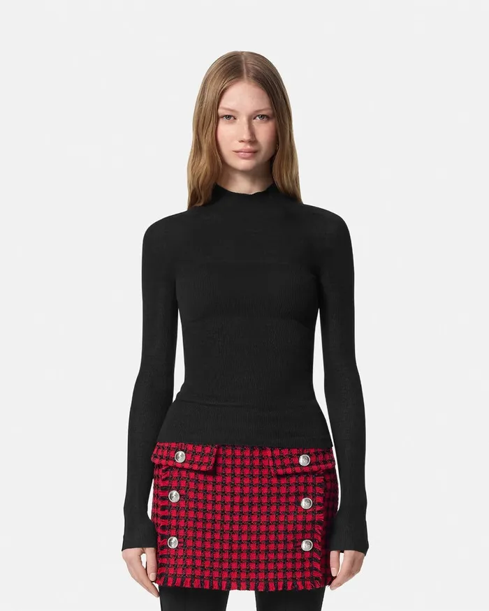 Versace Knitwear Women Merino Wool Fitted Ribbed Knit Top Black