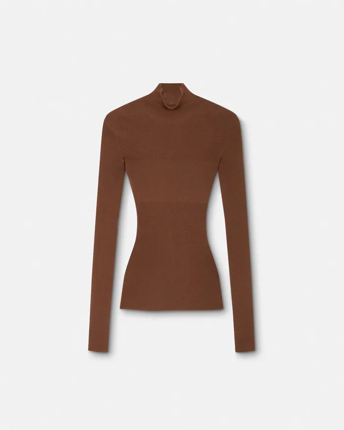 Versace Knitwear Women Merino Wool Fitted Ribbed Knit Top Brown