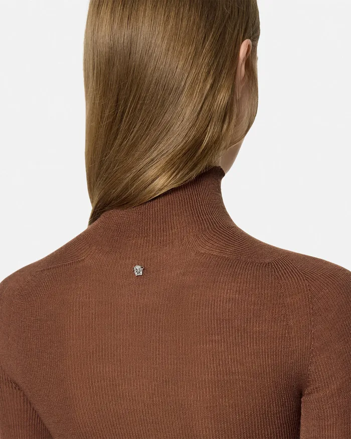Versace Knitwear Women Merino Wool Fitted Ribbed Knit Top Brown