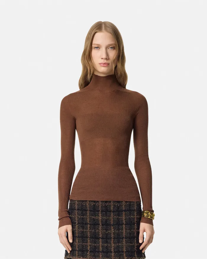 Versace Knitwear Women Merino Wool Fitted Ribbed Knit Top Brown