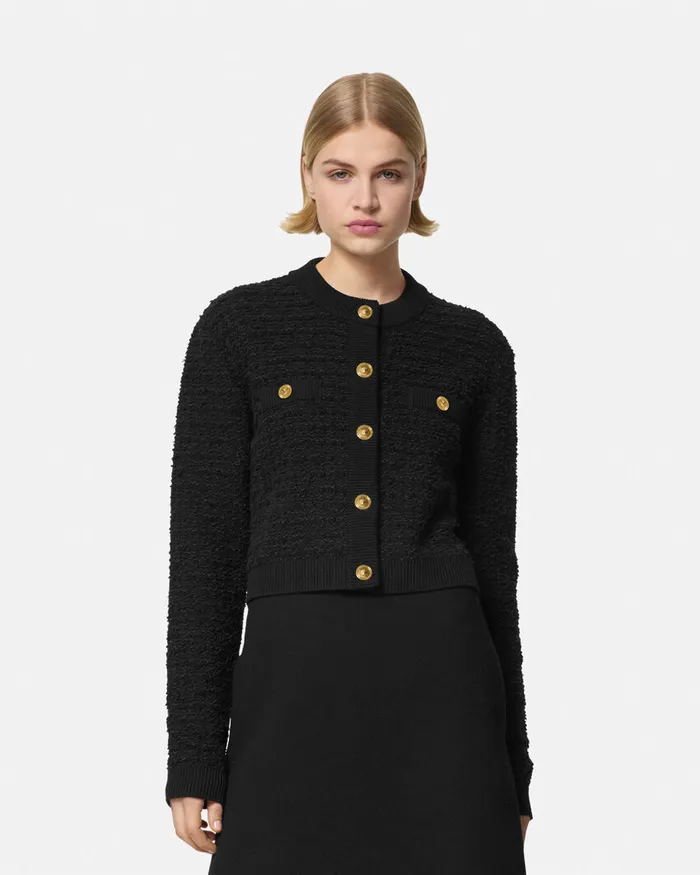 Versace Knitwear Women Tweed Knit Cardigan Jacket Black