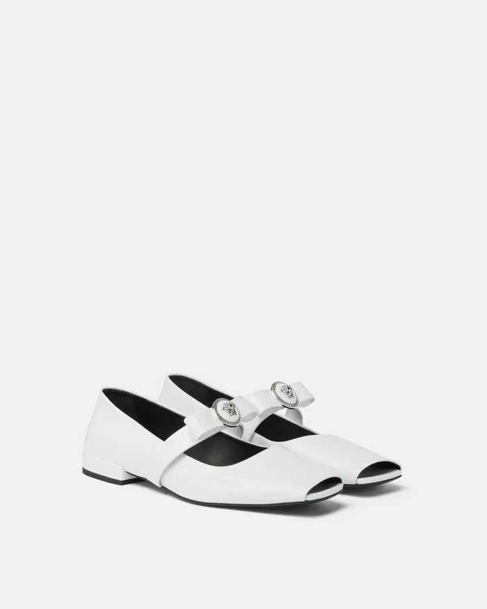 Versace Loafers and Flats Women Gianni Ribbon Open Patent Ballerinas White