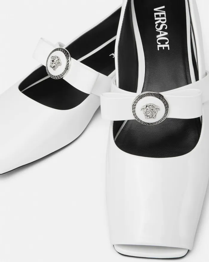 Versace Loafers and Flats Women Gianni Ribbon Open Patent Ballerinas White