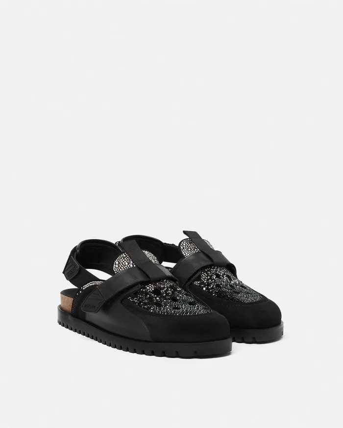 Versace Sandals and Slides Men Crystal Suede Mules Black