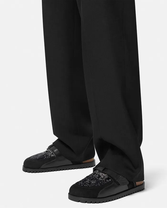 Versace Sandals and Slides Men Crystal Suede Mules Black