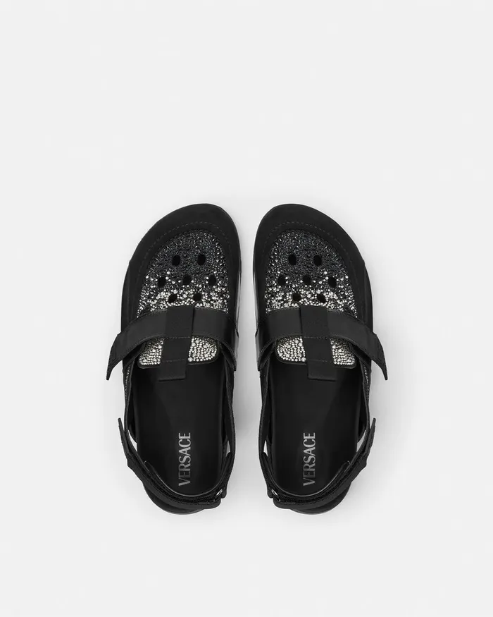 Versace Sandals and Slides Men Crystal Suede Mules Black