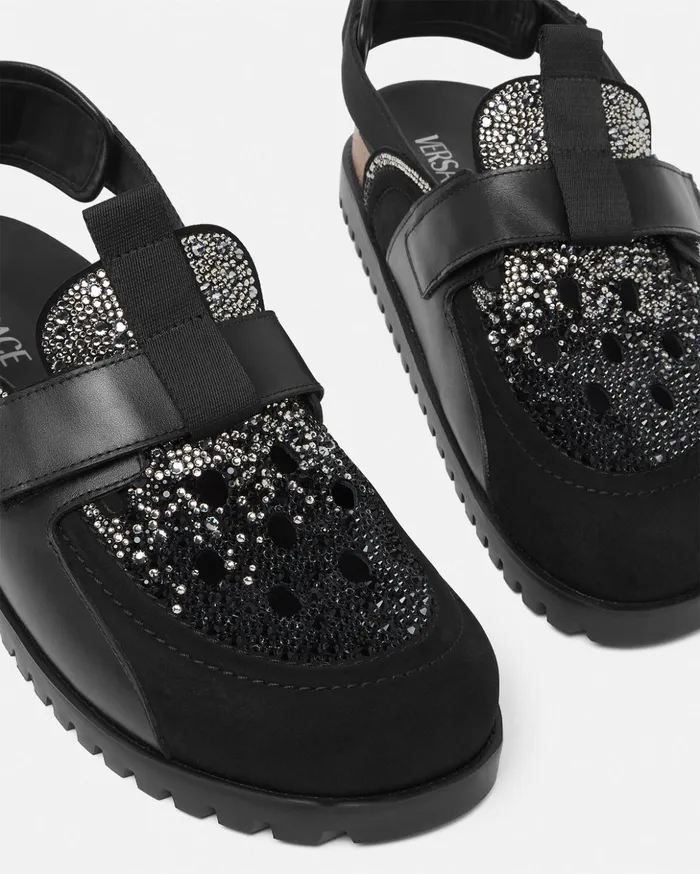 Versace Sandals and Slides Men Crystal Suede Mules Black