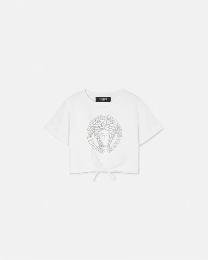 Versace Shirts and Tshirts Kids Crystal Medusa Knotted TShirt White