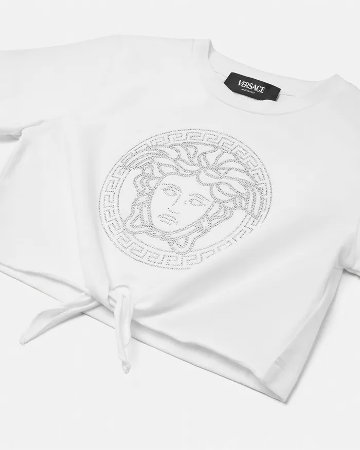 Versace Shirts and Tshirts Kids Crystal Medusa Knotted TShirt White
