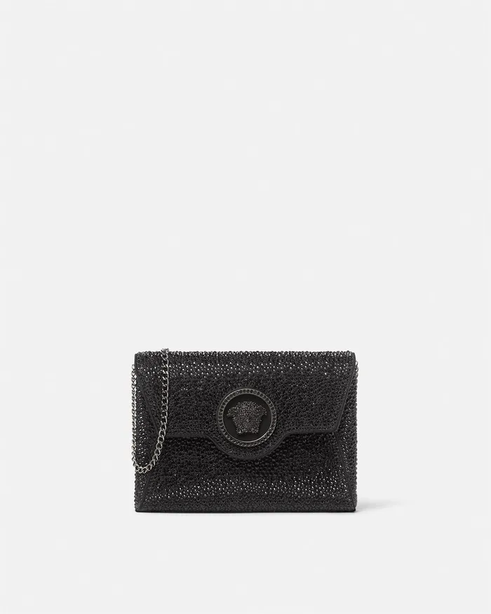 Versace Shoulder and Crossbody Women Crystal La Medusa Envelope Clutch Black