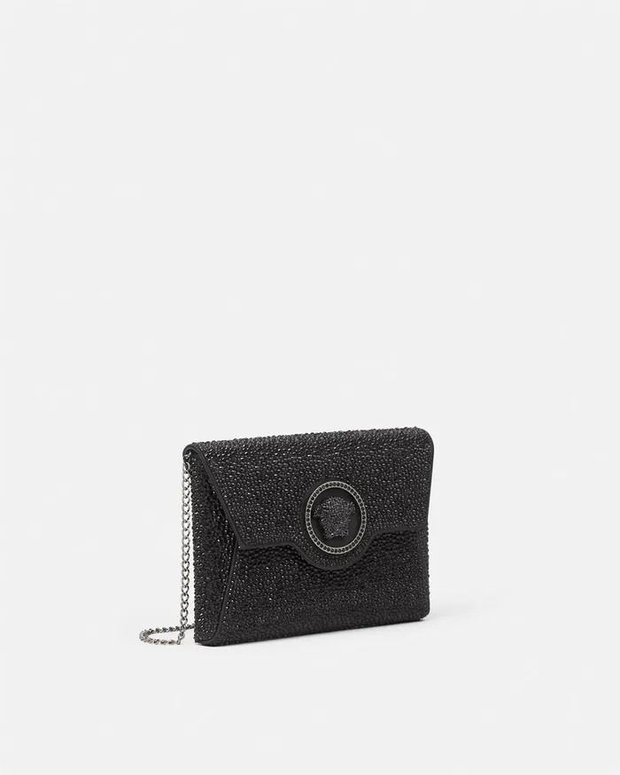 Versace Shoulder and Crossbody Women Crystal La Medusa Envelope Clutch Black