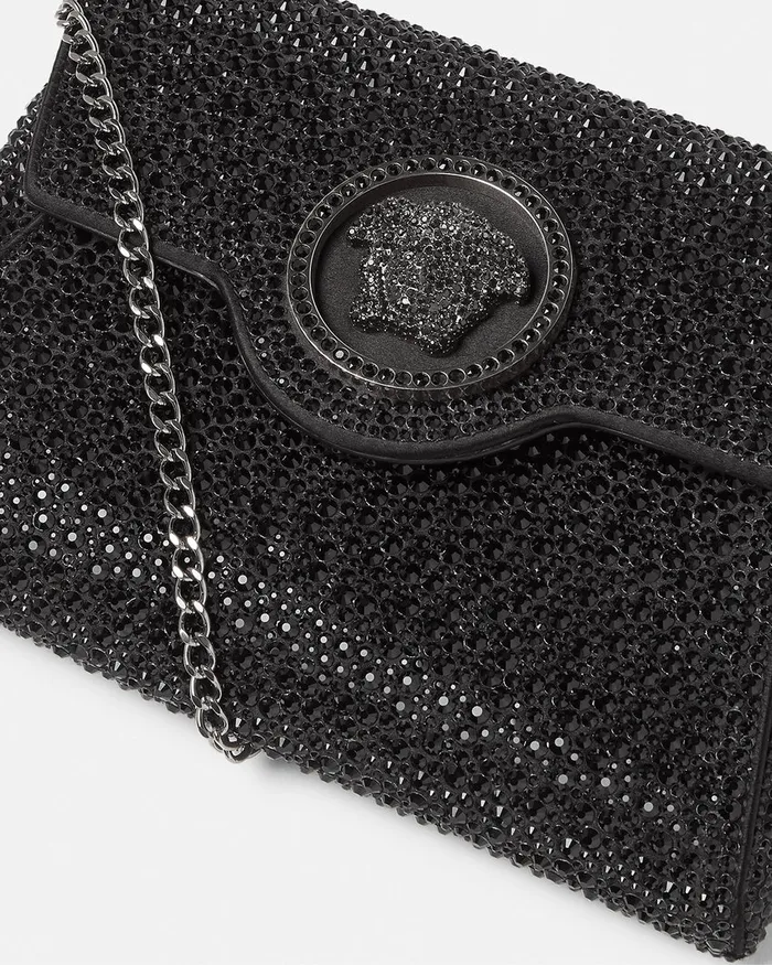 Versace Shoulder and Crossbody Women Crystal La Medusa Envelope Clutch Black