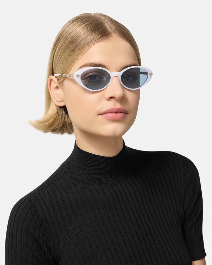 Versace Sunglasses Women Tubular Greca Oval Sunglasses White