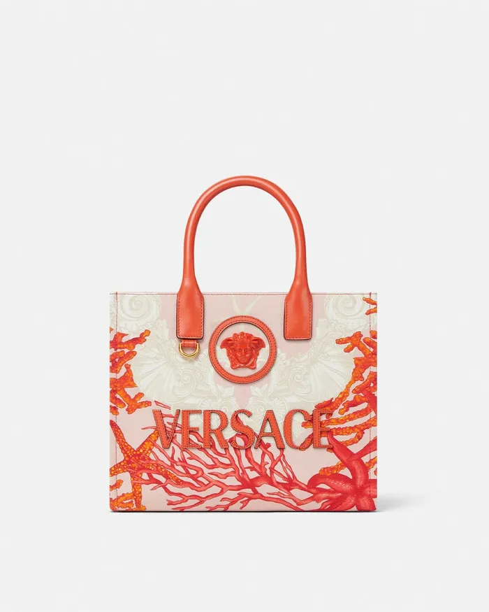 Versace Totes Women La Medusa Barocco Sea Small Canvas Tote Bag Coral