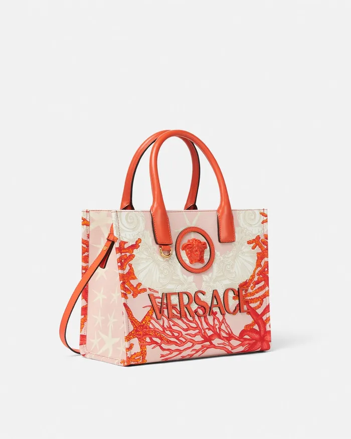 Versace Totes Women La Medusa Barocco Sea Small Canvas Tote Bag Coral