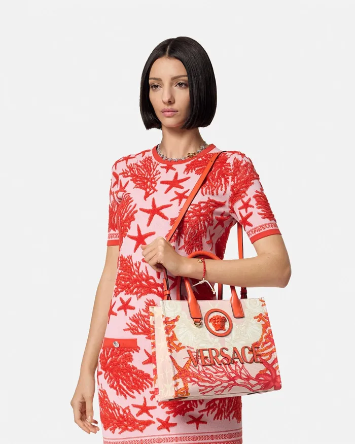Versace Totes Women La Medusa Barocco Sea Small Canvas Tote Bag Coral