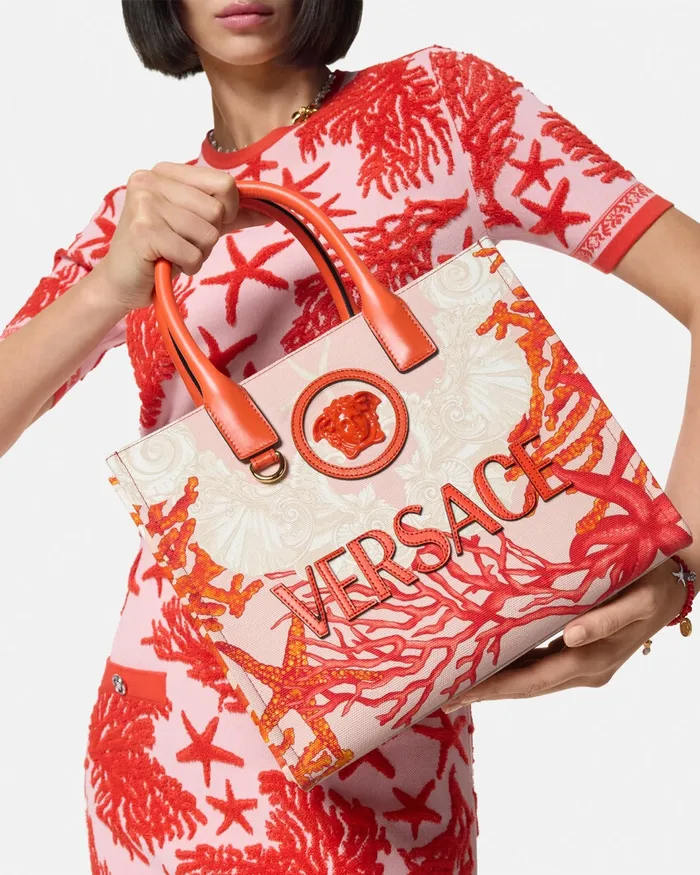 Versace Totes Women La Medusa Barocco Sea Small Canvas Tote Bag Coral