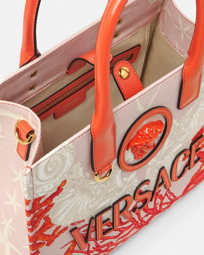 Versace Totes Women La Medusa Barocco Sea Small Canvas Tote Bag Coral