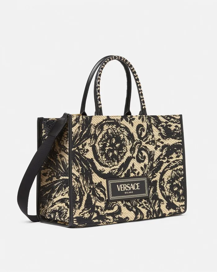 Versace Totes WomenMen Barocco Athena Raffia Medium Tote Bag Blackprint
