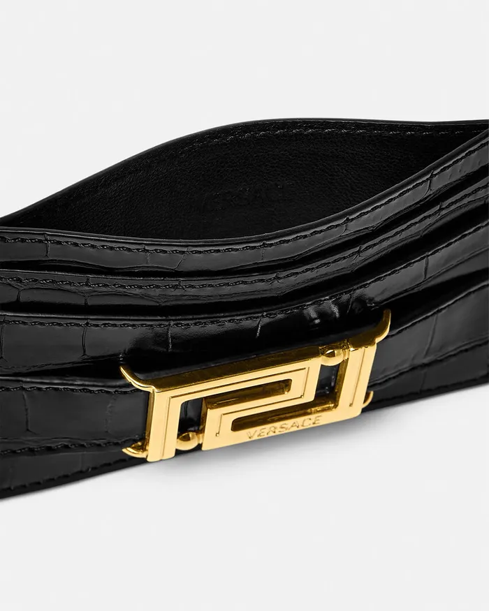 Versace Wallets Women CrocEffect Greca Goddess Card Holder Blackgold