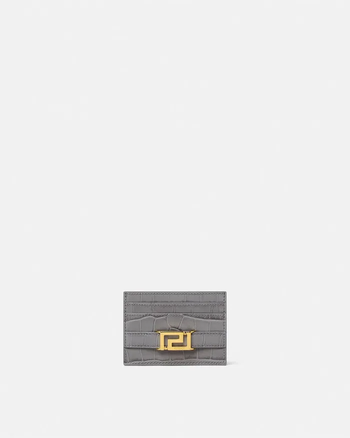 Versace Wallets Women CrocEffect Greca Goddess Card Holder Gray
