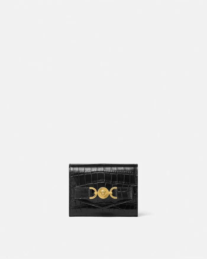Versace Wallets Women CrocEffect Medusa 03995 Trifold Wallet Blackgold