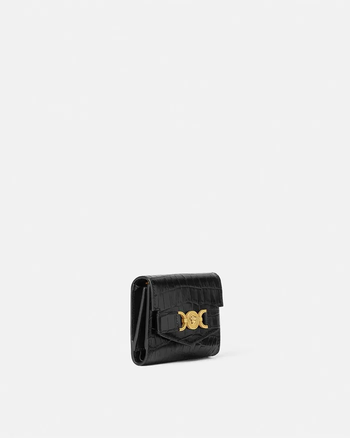 Versace Wallets Women CrocEffect Medusa 03995 Trifold Wallet Blackgold