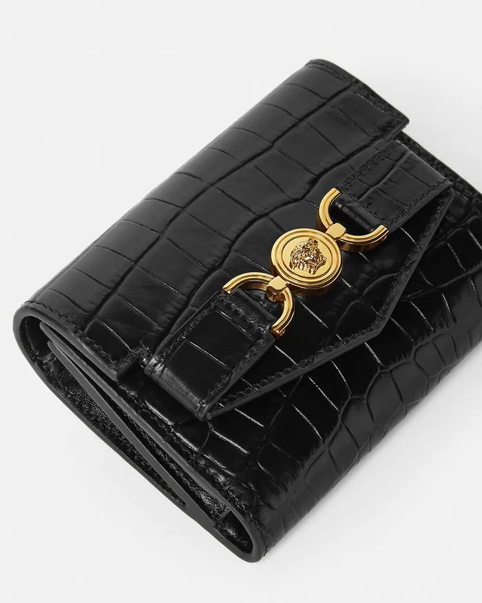 Versace Wallets Women CrocEffect Medusa 03995 Trifold Wallet Blackgold