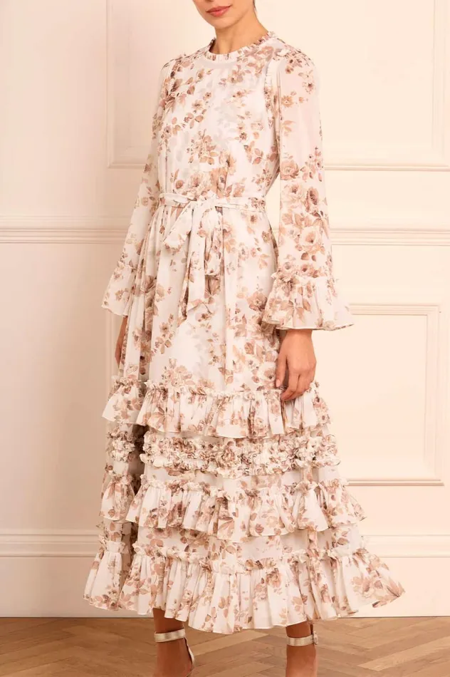 Vintage Rose Chiffon Round Neck Ankle Gown Multi Women Needle and Thread Dresses