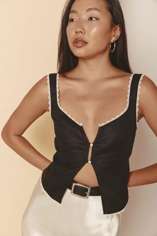 VRG GRL Love Language Linen Button Front Top Black Women Sets VRG GRL Love Language Linen Button Front Top Black Women Sets