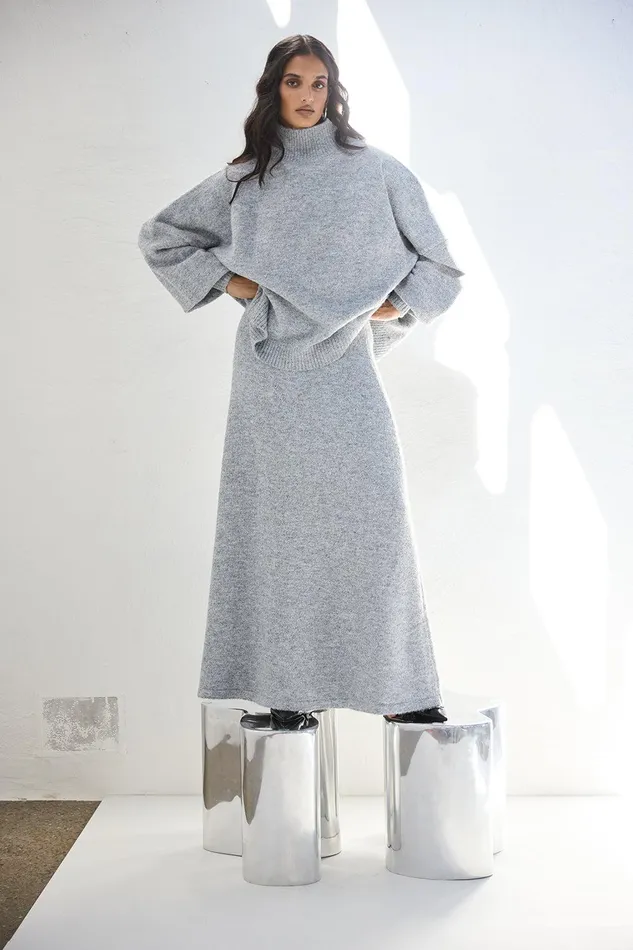 VRG GRL Lya Knit Maxi Skirt Grey Marle Women Skirts