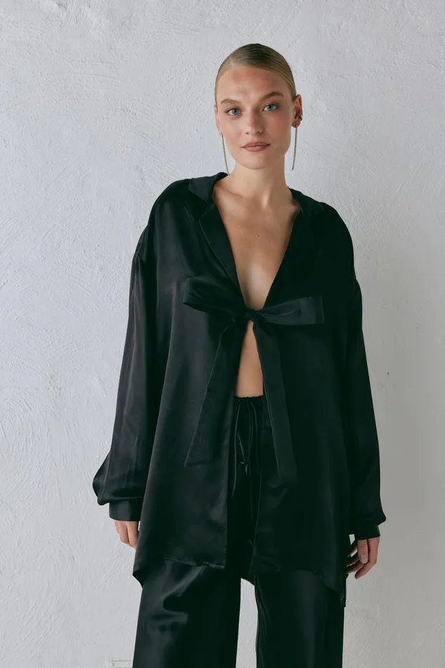 VRG GRL Rae Satin Top Black Women Long Sleeve