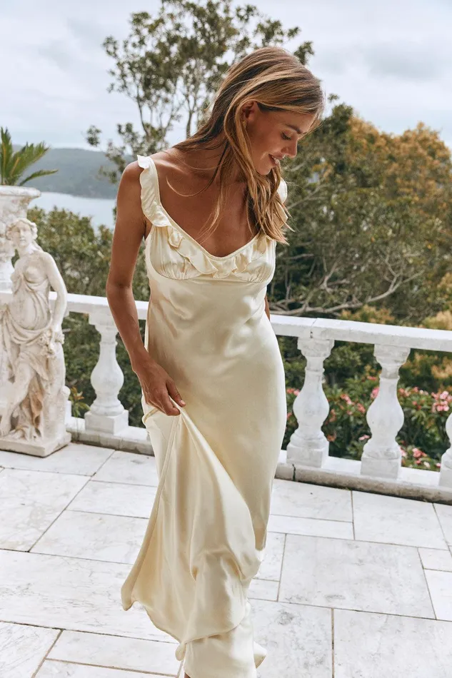 VRG GRL Rosalia Satin Bias Cut Maxi Dress Butter Women MidiMaxi Dresses VRG GRL Rosalia Satin Bias Cut Maxi Dress Butter Women MidiMaxi Dresses